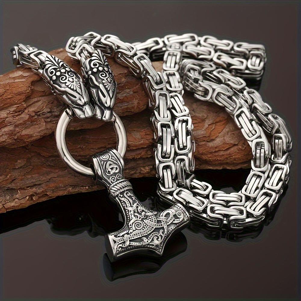 Cross-border hit Men s Nordic Viking Stainless Steel wolf head Thor s hammer pendant necklace