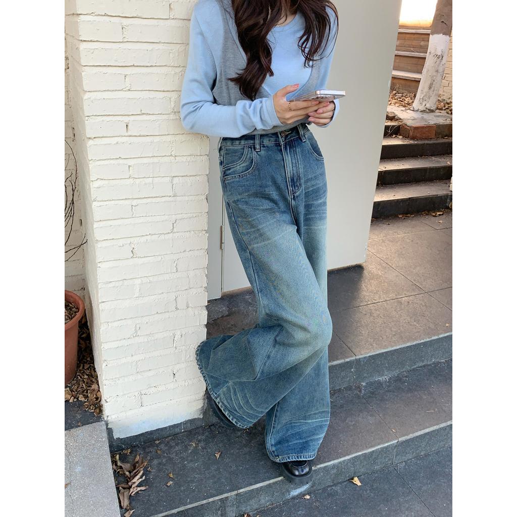 Heavy Industry three-dimensional washed retro wide-leg velvet jeans for women, high-waisted loose and lazy floor pants