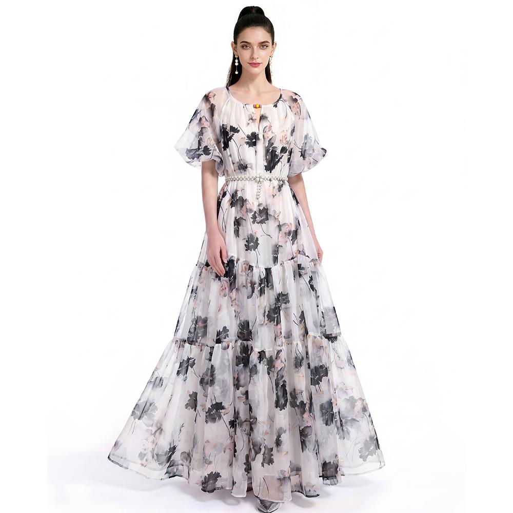Summer Holiday Vacation Flower Print Long Maxi Dress Bohemian O-neck Short Sleeve High Waisted Chiffon Party Dresses Casual Robe