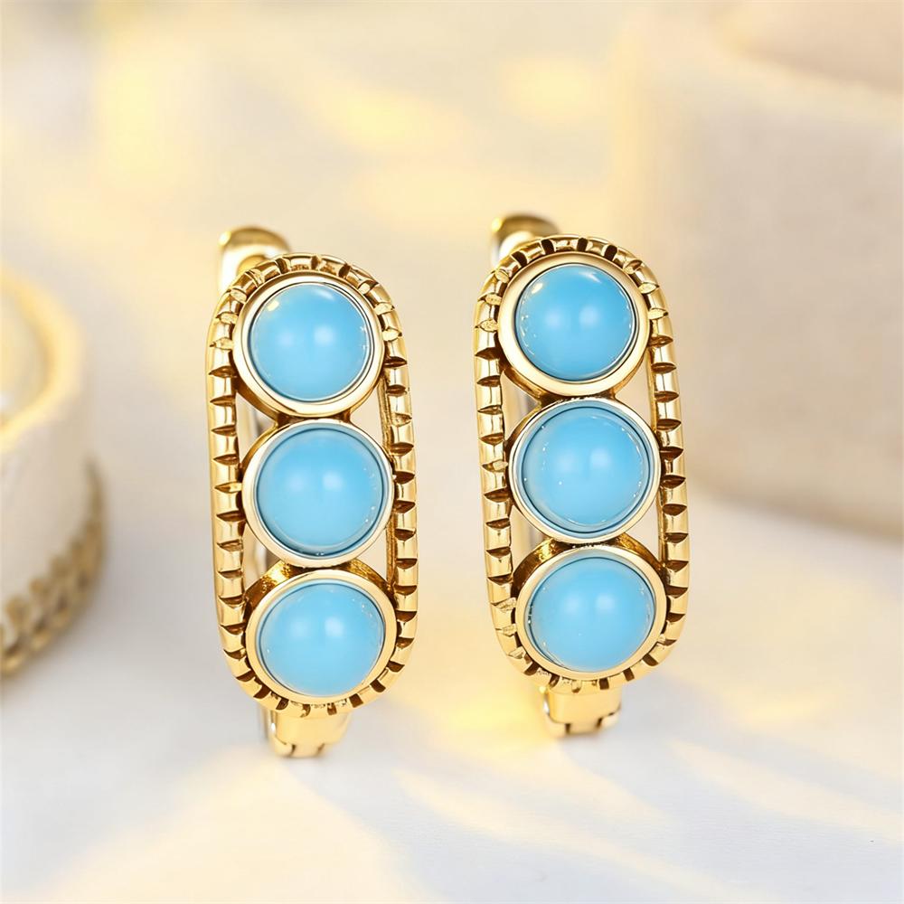Simulated Turquoise Blue Round Stone Hoop Earrings For Women Vintage Gold Silver Color Ear Buckle Wedding Jewelry Valentine Gift