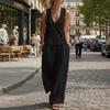 Women's Fashion Color Sleeveless V-neck Button Top With Elastic Waist Pocket Wide Leg Casual Pants Two Piece Set
