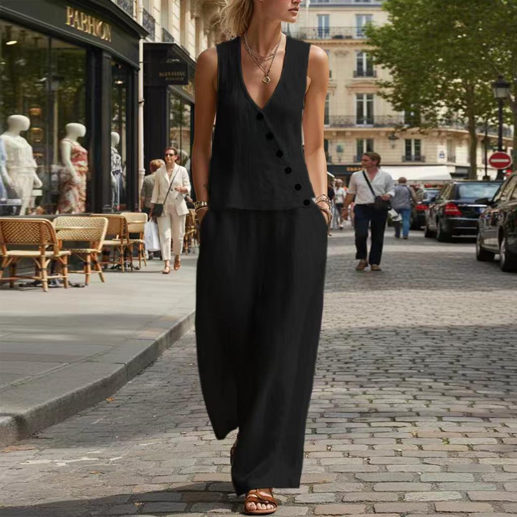 Women's Fashion Color Sleeveless V-neck Button Top With Elastic Waist Pocket Wide Leg Casual Pants Two Piece Set