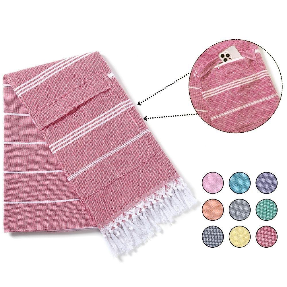 Ailuoha Turkish Cotton Hammam Bath Beach Towels 100*180cm Futa Turkish Cotton Beach Towel with Zip Pocket 100*180cm&299 and Below красный