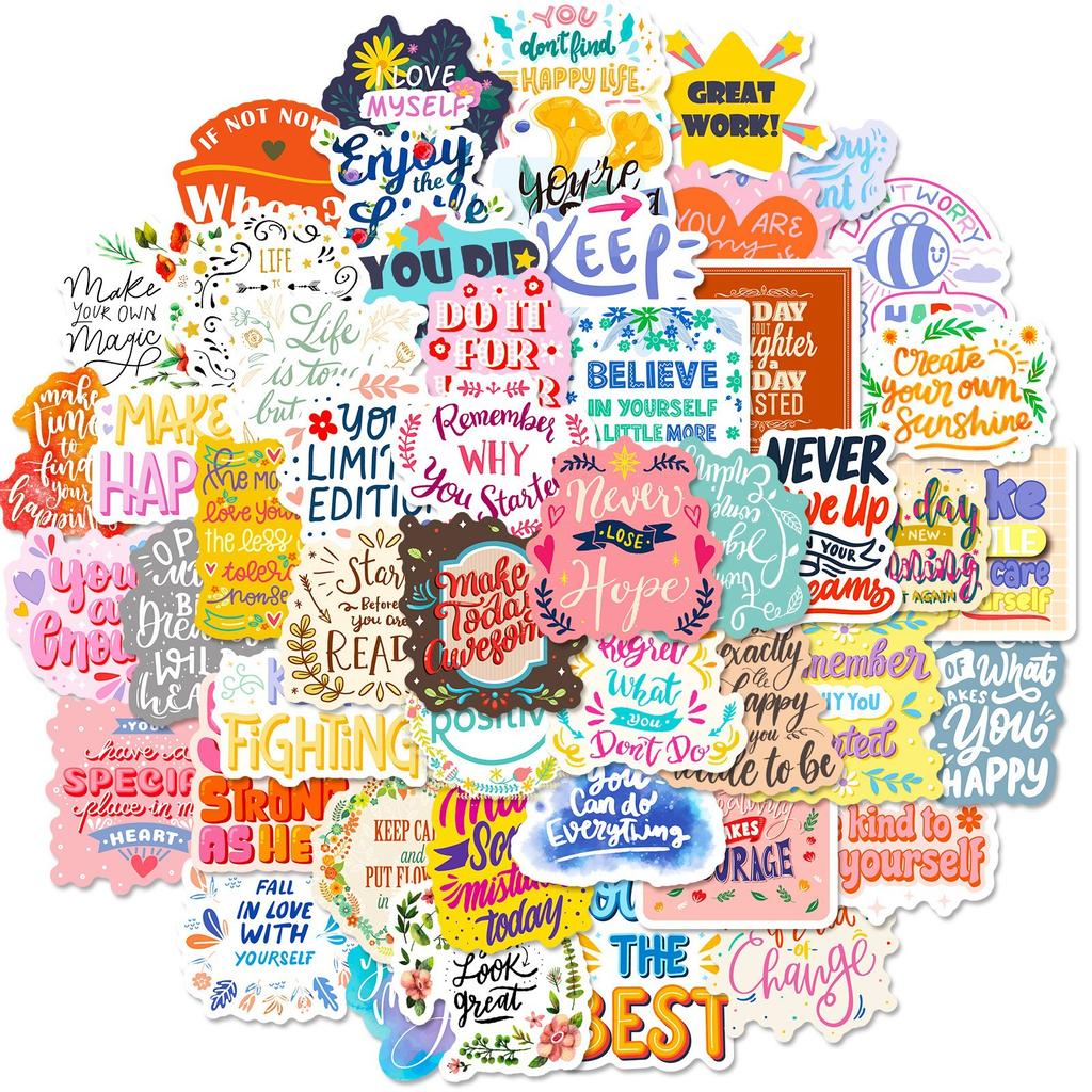 50 Stickers Pink Inspirational Text English Phrases Water Cup Notebook Stickers Waterproof Stickers