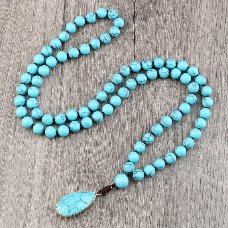 JMXD-Bohemian turquoise necklace fashionable retro ethnic style hand-knotted water drop pendant long necklace