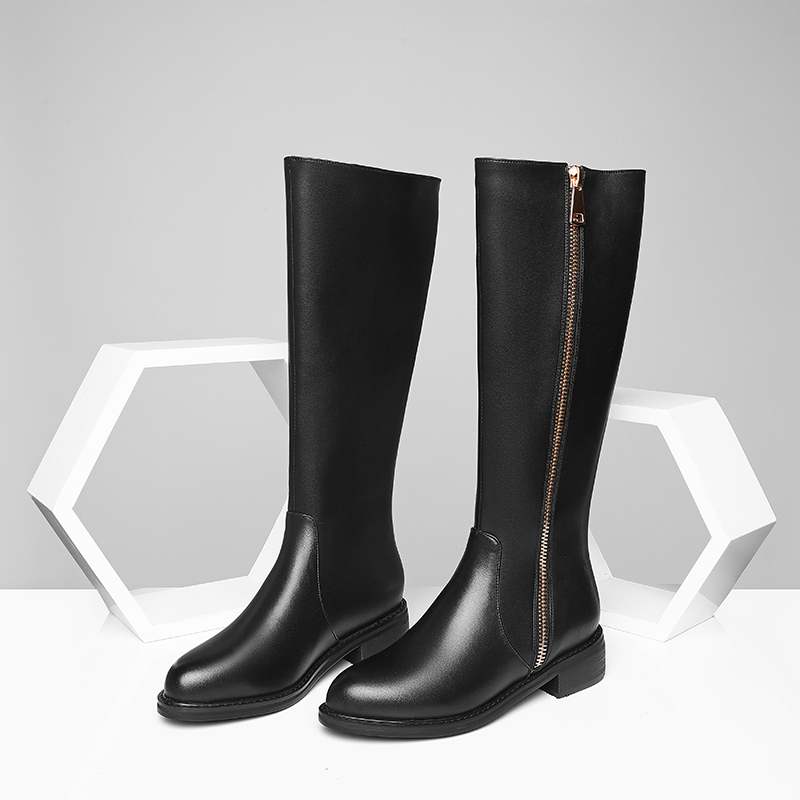 Krazing Pot Cow Leather Autumn Winter Shoes Thick Med Heels Big Size 45 Size 44 Zipper Decoration Concise Style Women Keep Warm Knee Boots