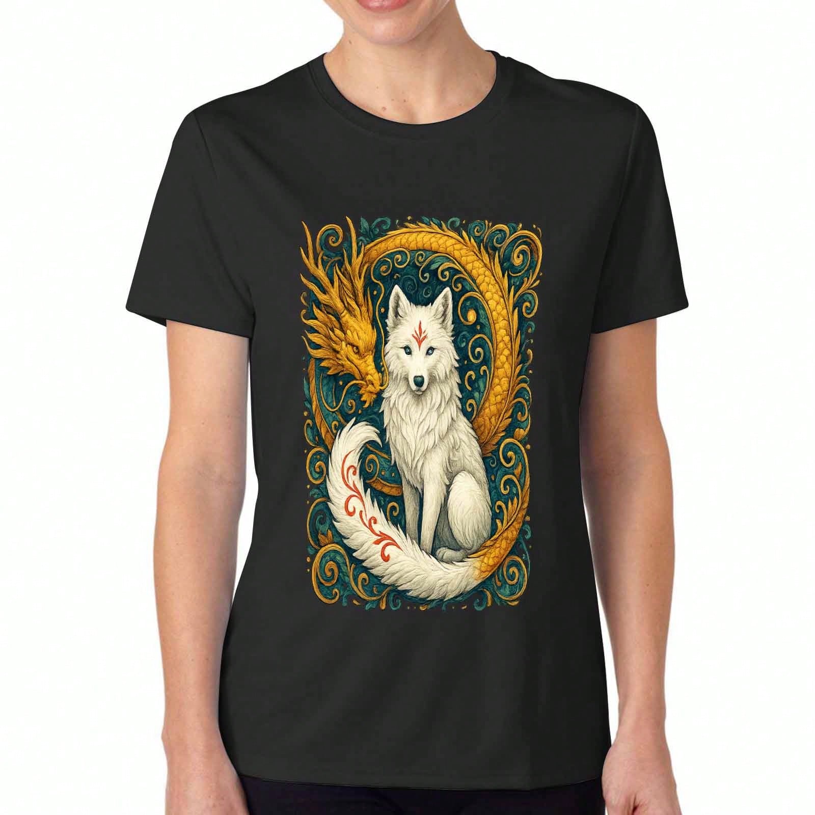 Mystical Wolf And Dragon Ladies Cotton T Shirt, Premium Cotton Quality Print, Durable, Casual And Fashionable, Featuring A Majestic White Wolf With G S разноцветный