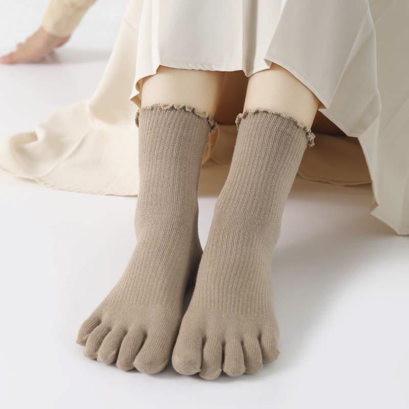 5 Pairs Women'S Five Finger Ruffle Socks Korean Fashion Solid Black Pink Crew Business Dress Toe Socks All Seasons Comfortable