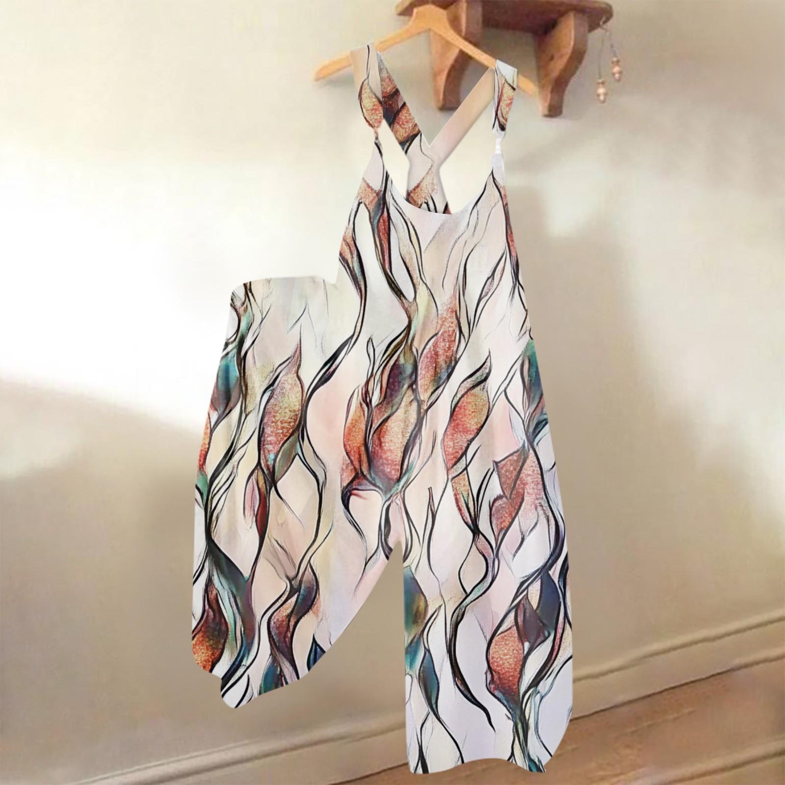 

Широкие комбинезоны для женщин, повседневные свободные комбинезоны без рукавов, ретро-принт, металлические пуговицы, длинные брюки, комбинезон с карманами S