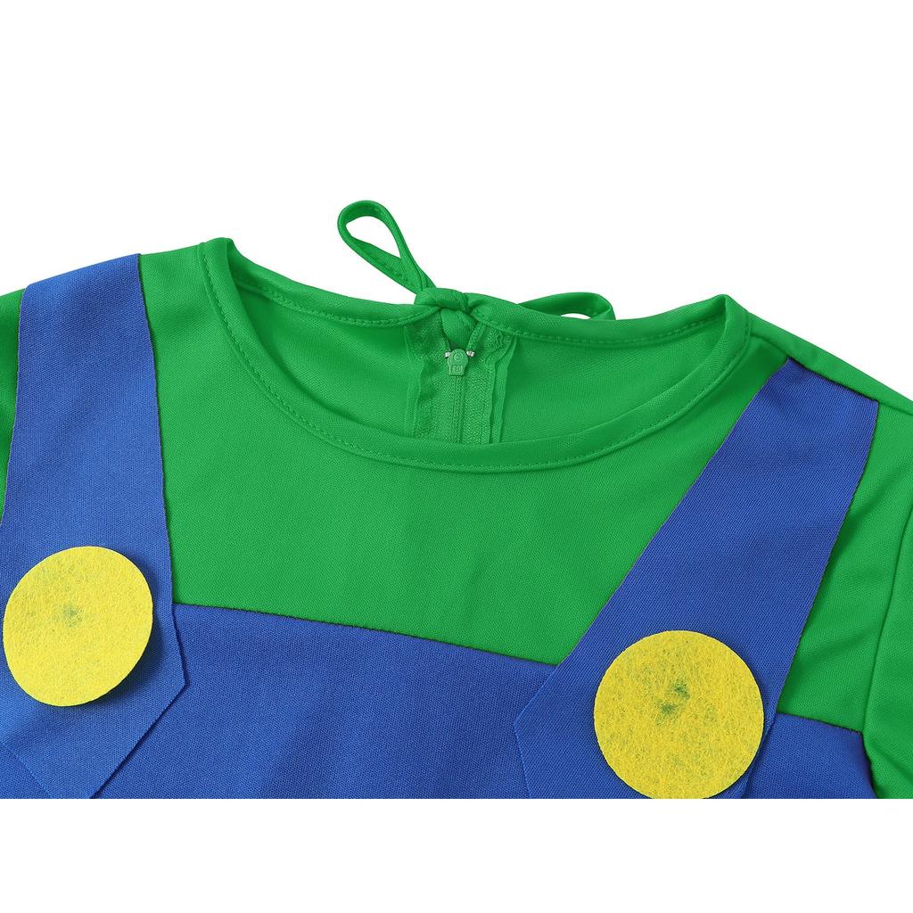 Klassisches Super Mario Kostüm für Kinder, Party Chili, Rollenspiel, Karneval, Weihnachten, Halloween, mit Hut und Bart, Grün, Größe S, 3-4 Jahre