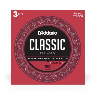 Klassische Gitarre Versilbert umsponnen Klar Normal D'Addario Saiten, Nylon, Spannung, EJ27N-3D, 3er-Pack