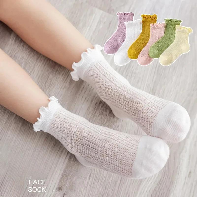 Spring and Summer Girls New Thin Breathable Comfortable Cotton Mesh Solid Lace Fashion Wooden Ear Edge Princess Socks