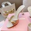 Fashion 2025 New Bow-Tie High-Heeled Slippers Wear Sweet Fairy Glass Shoes Thin Heel One-Line Sandal Rhinestone Princess