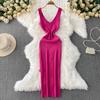 French three-dimensional flower V-neck knitted suspender dress women's summer Muse fan slim and thin hip-wrapped long skirt