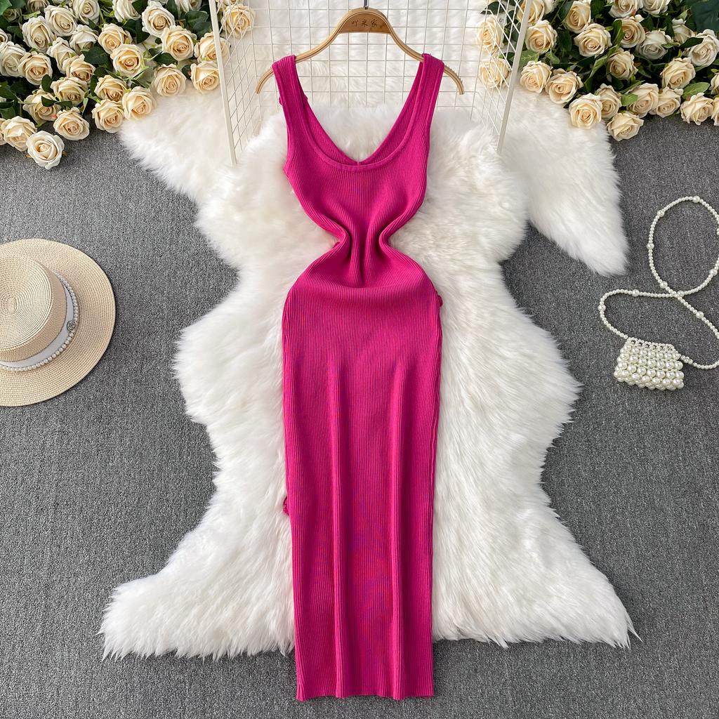 French three-dimensional flower V-neck knitted suspender dress women's summer Muse fan slim and thin hip-wrapped long skirt
