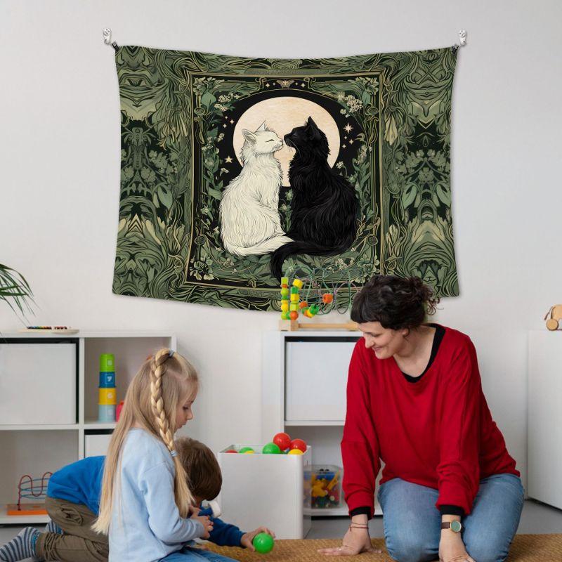 Black White Cat Moon Art Nouveau Wall Tapestry Dark Green Gold Frame Kitten Pair Crescent Floral William Morris Goth Soft