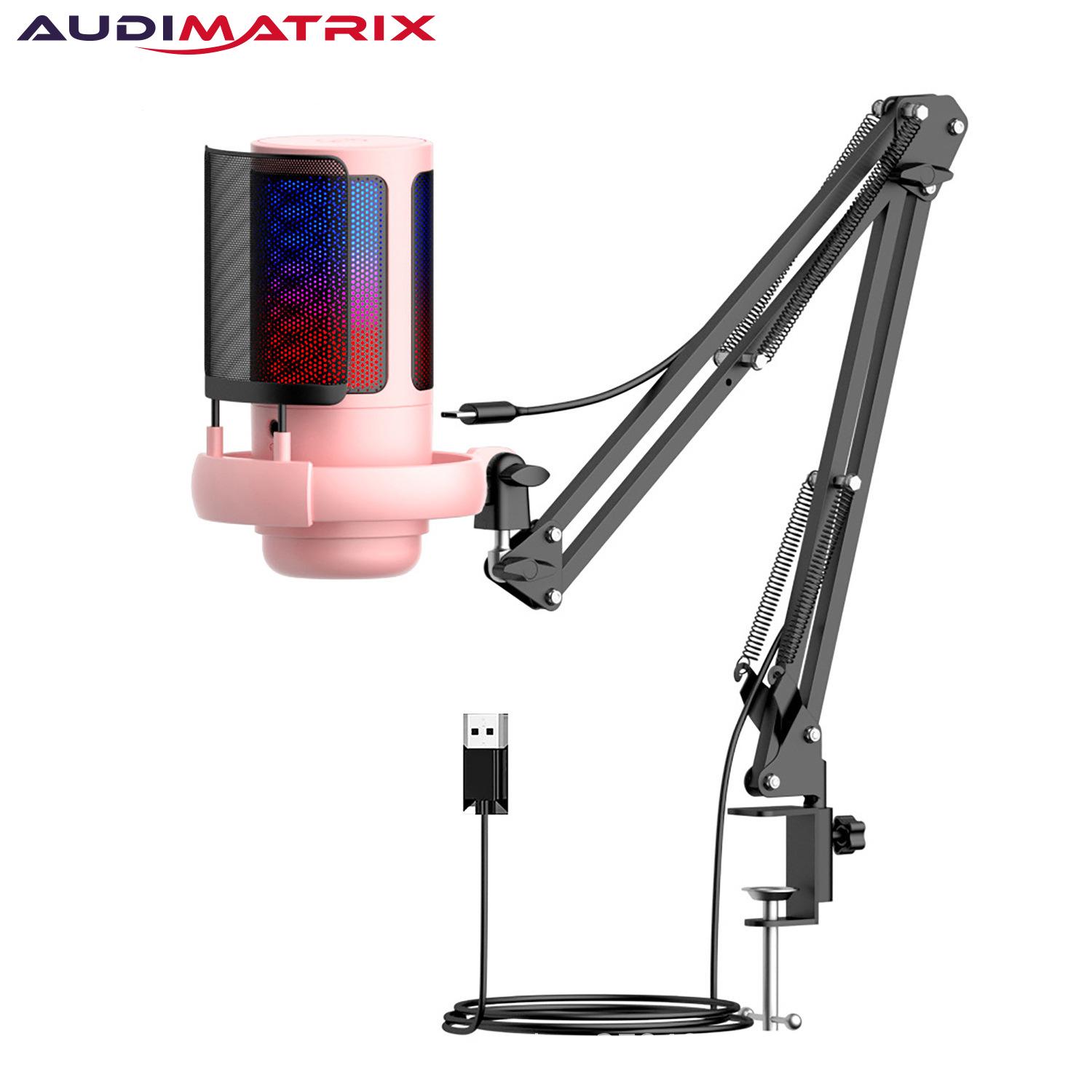 

RGB USB Condenser Microphone ME6S: Live Streaming & Gaming Esports Mic рожевий