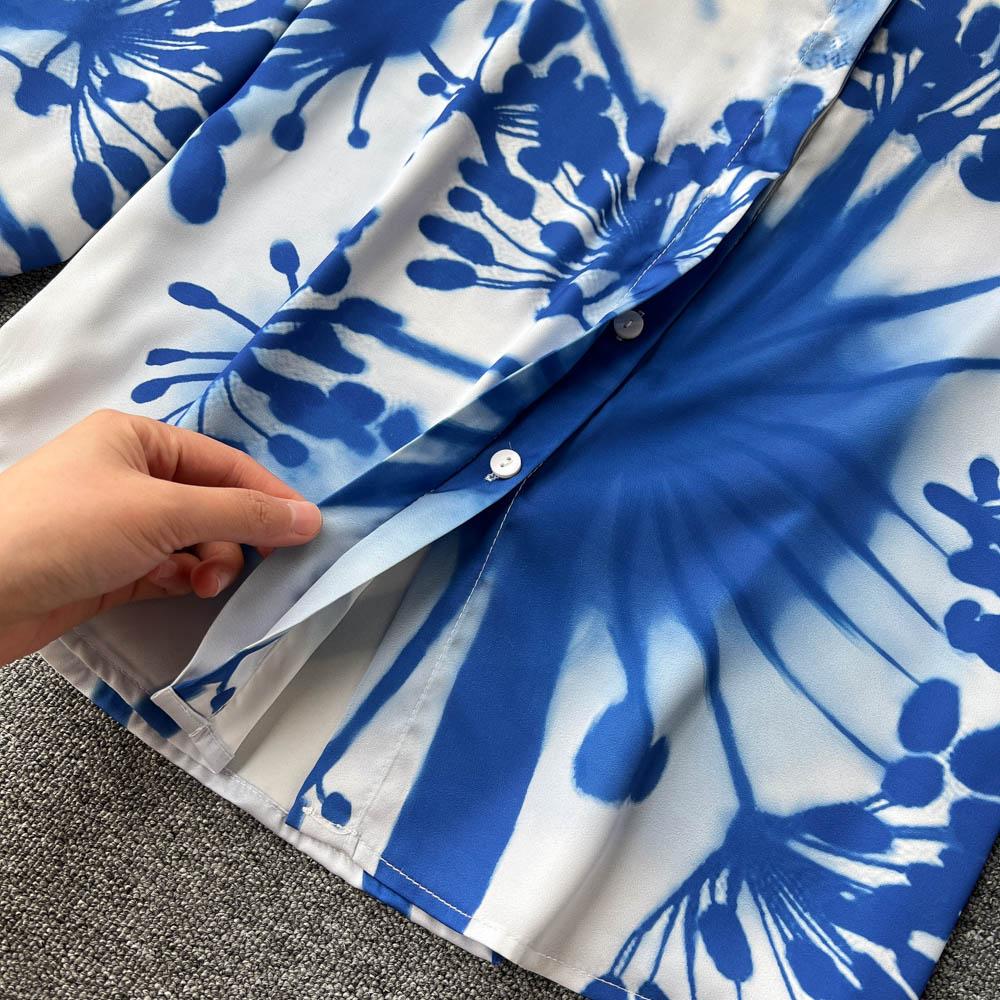 Elegant Temperament Polo Collar Blue Printed Long-Sleeved Shirt Women's High-End Pleated Skirt Fashion Two-Piece Suit