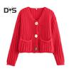 Knit Cropped Cardigan Sweater V-Neck Long Sleeve Buttons Down Loose Fit Sweater Coat with Pockets Solid Color Knitwear