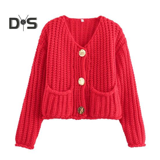 Knit Cropped Cardigan Sweater V-Neck Long Sleeve Buttons Down Loose Fit Sweater Coat with Pockets Solid Color Knitwear