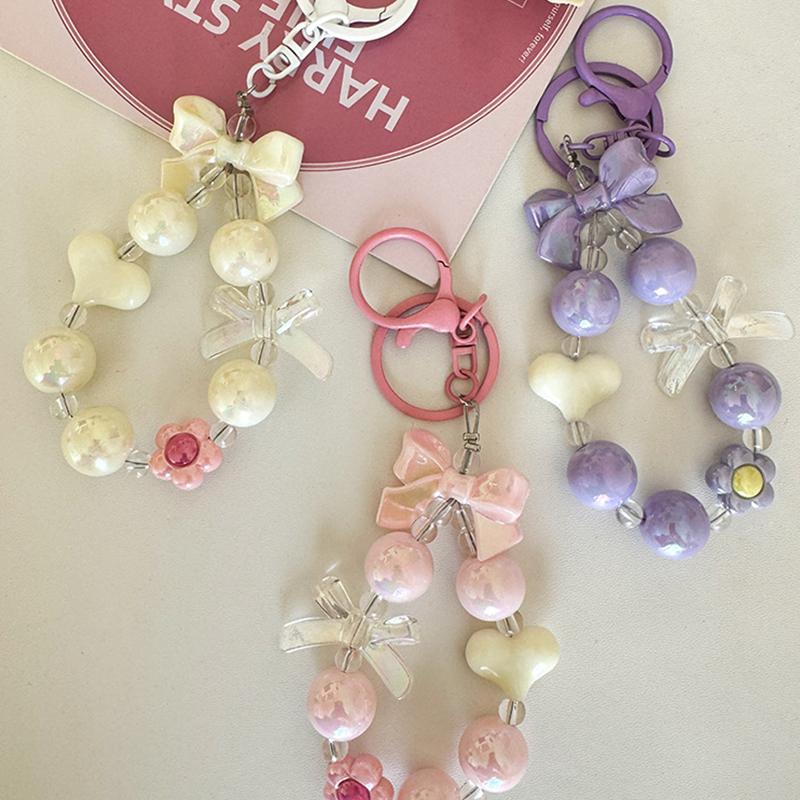 Cartoon Bow Heart Beaded Phone Chain Colorful Keychain Pendant For Women Girls Versatile Backpack Decoration Accessories Gifts