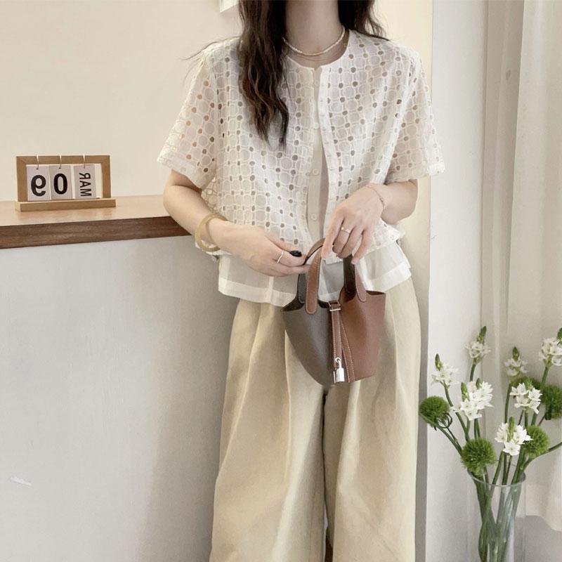 Fashion Hollow Out Blouse Summer Fake Two Pieces Spliced Korean Short Sleeve Loose Casual Single-breasted Shirt
