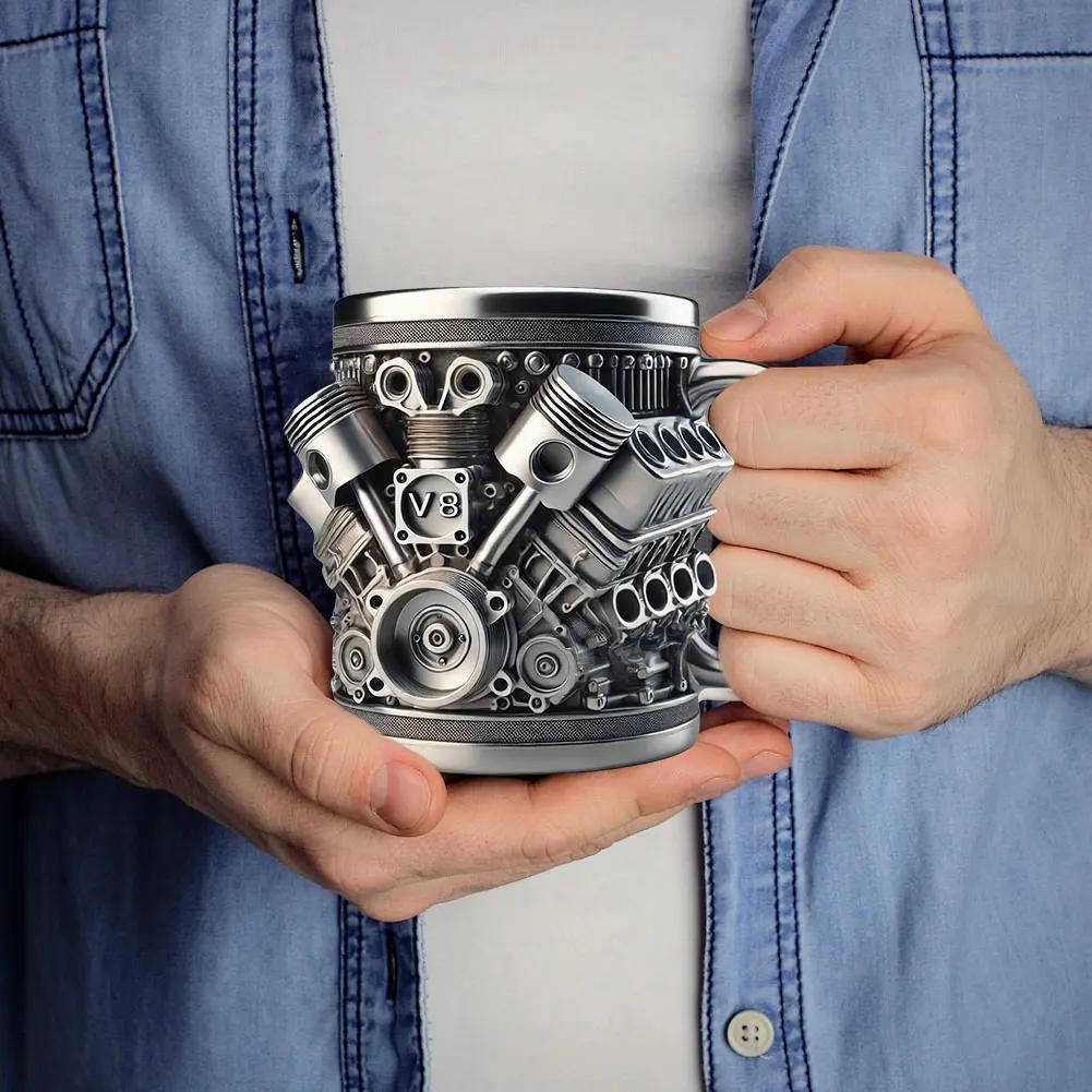 450ml Coffee Mug Handmade Engines Stainless Steel Large Capacity Coffee Cup Funny 3D V8 Engines Design Tea Cup For Car Lovers