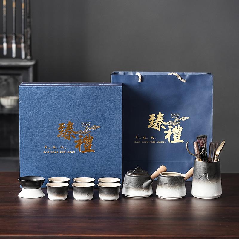 Coarse pottery/retro Shanhai side pot tea set gradual change Kung Fu tea set business enterprise black and white gradual change tea set/