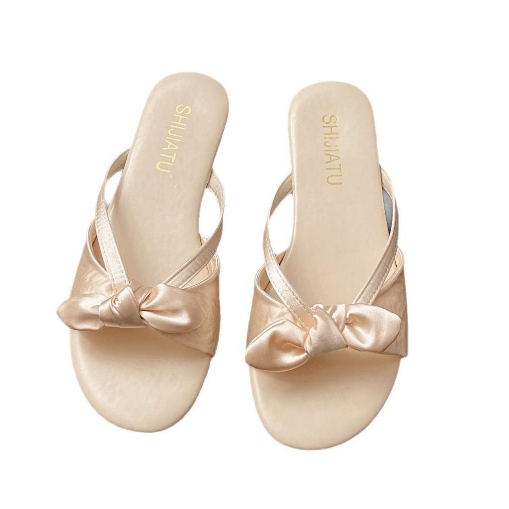 Flat-bottomed French Fairy Wind Small Cool Slippers Women's Shoes Wear 2025 New Summer Bow Beach Sandals