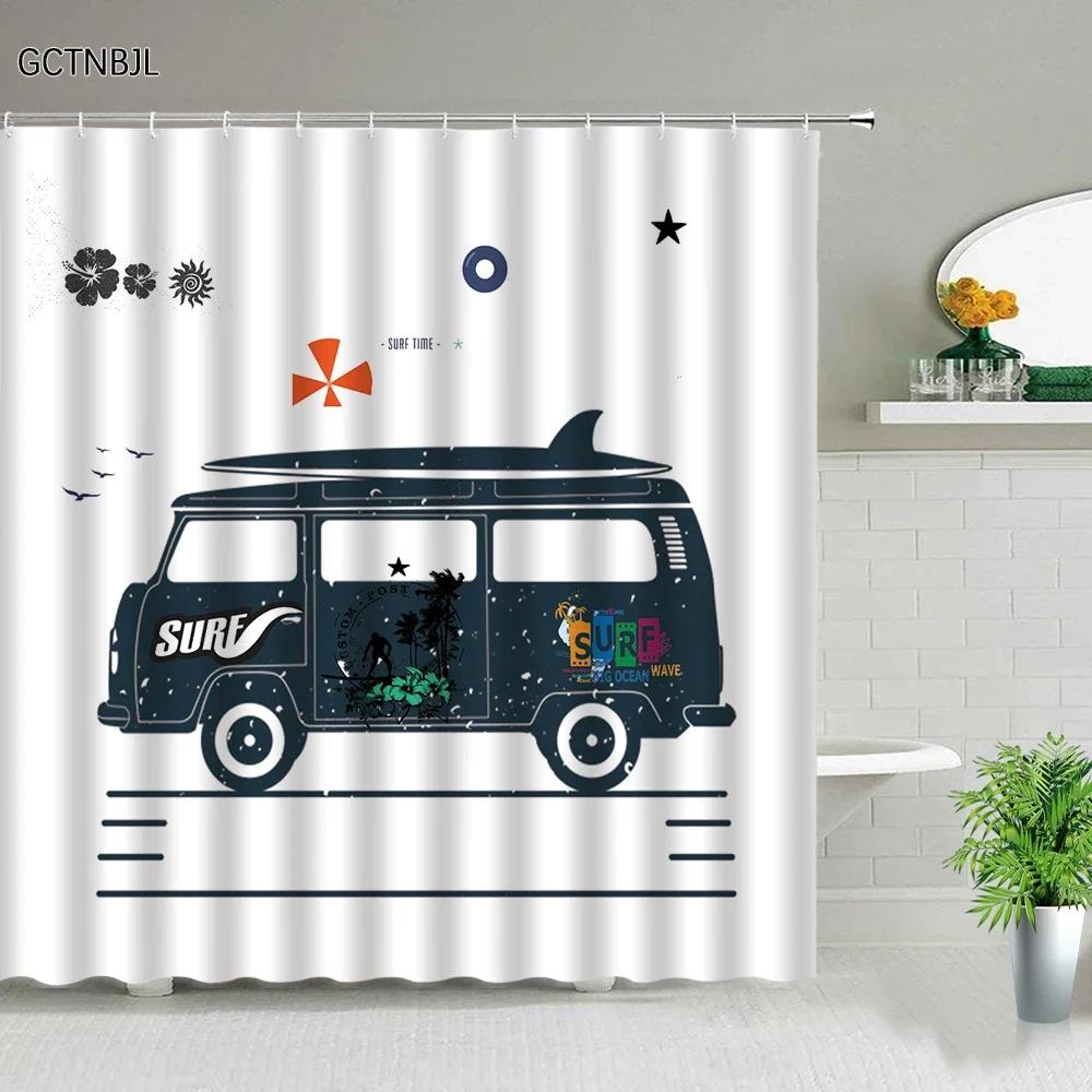 Surf Van Shower Curtain, Waterproof Fabric with Tropical Design for Fun Beach-Themed Bathroom Decor, Adds Coastal Vibes