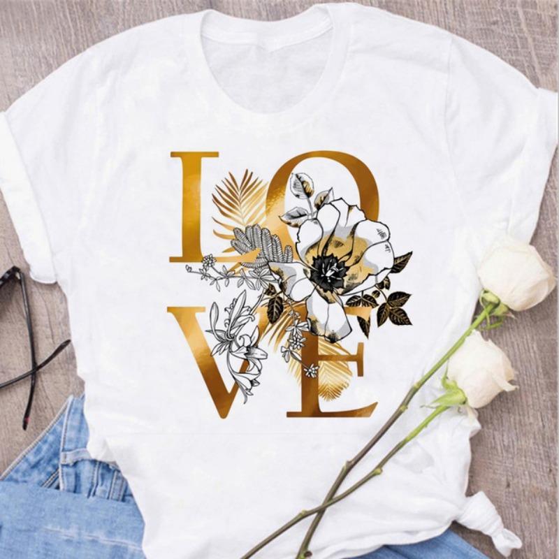 Women's T-shirt Flower Love T-shirt Women's Fashion Clothing Cartoon Clothing Short Sleeve Women's T-shirt Valentine's Day T-shirt