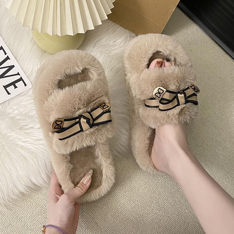 Klapki na wysokim grubym obcasie, puszyste, damskie, do noszenia na zewnątrz, jesień i zima 2025, nowa koreańska wersja, aksamitne, ciepłe, na grubej podeszwie, bawełniane