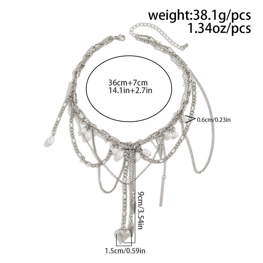 Women's Multilayer Tassel Love Heart Pendant Choker Necklace Trendy Punk Silver Color Metal Chain Party Jewelry Gift