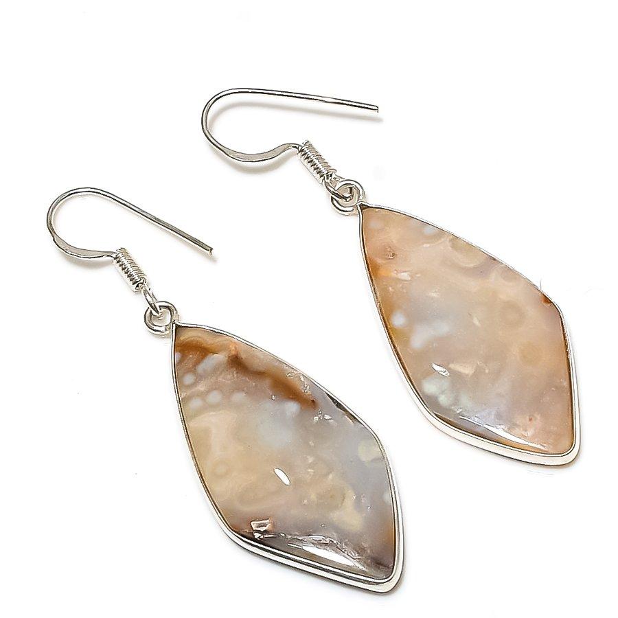 Fossil"Coral Gemstone Handmade 925 Sterling Silver Jewelry Earring 2.17" SU-7660