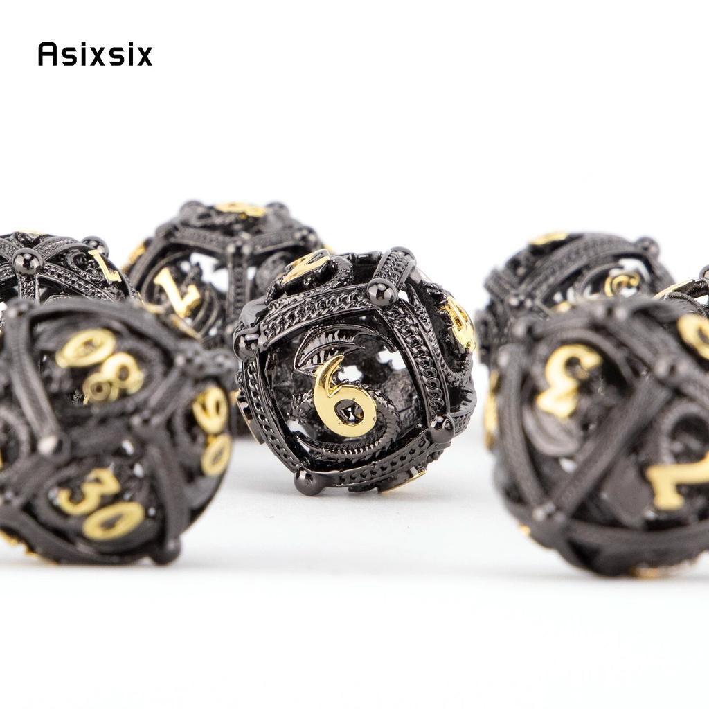 7 st Svart Guld Drake Runda Metalltärningar Ihåliga Metall Polyedriska Tärningar Set Lämpliga för Rollspel RPG Brädspel Kortspel