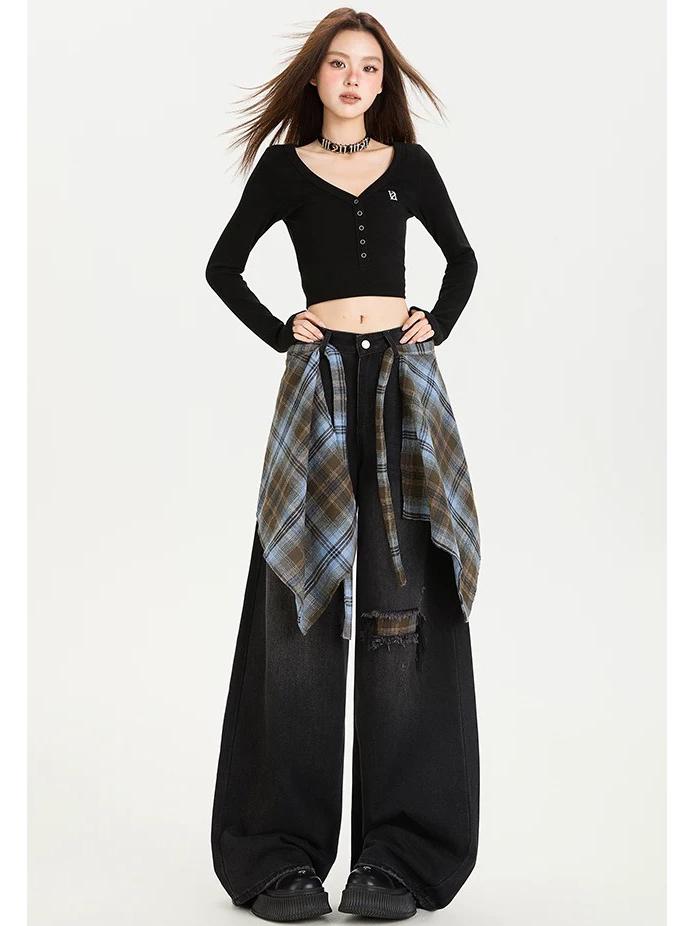 Damen High Street Retro Weitbeinjeans - Herbst 2025: Schlankmachend, Hochtailliert, Faux-Ripped, Lockere Passform.