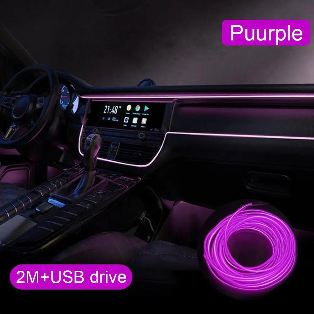 2m Car Interior Atmosphere Lighting LED Strip 5V DIY Line USB Light Cold Auto Lamp EL Tube Decoration Ambient Flexible With S9X1