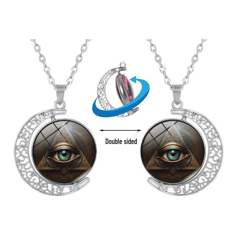 Ancient Egyptian Eye of Horus Rotating Moon Pendant Necklace - Women's Fashion Retro Sweater Chain Jewelry