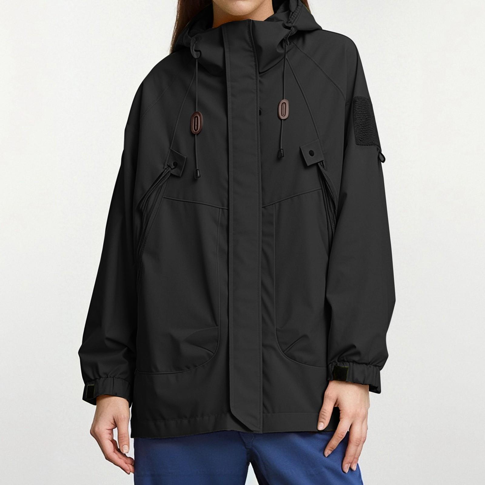 

Женская дождевая куртка Легкая водонепроницаемая ветровка Свободного кроя Дождевик Одежда для походов с капюшоном Большого размера S чёрный