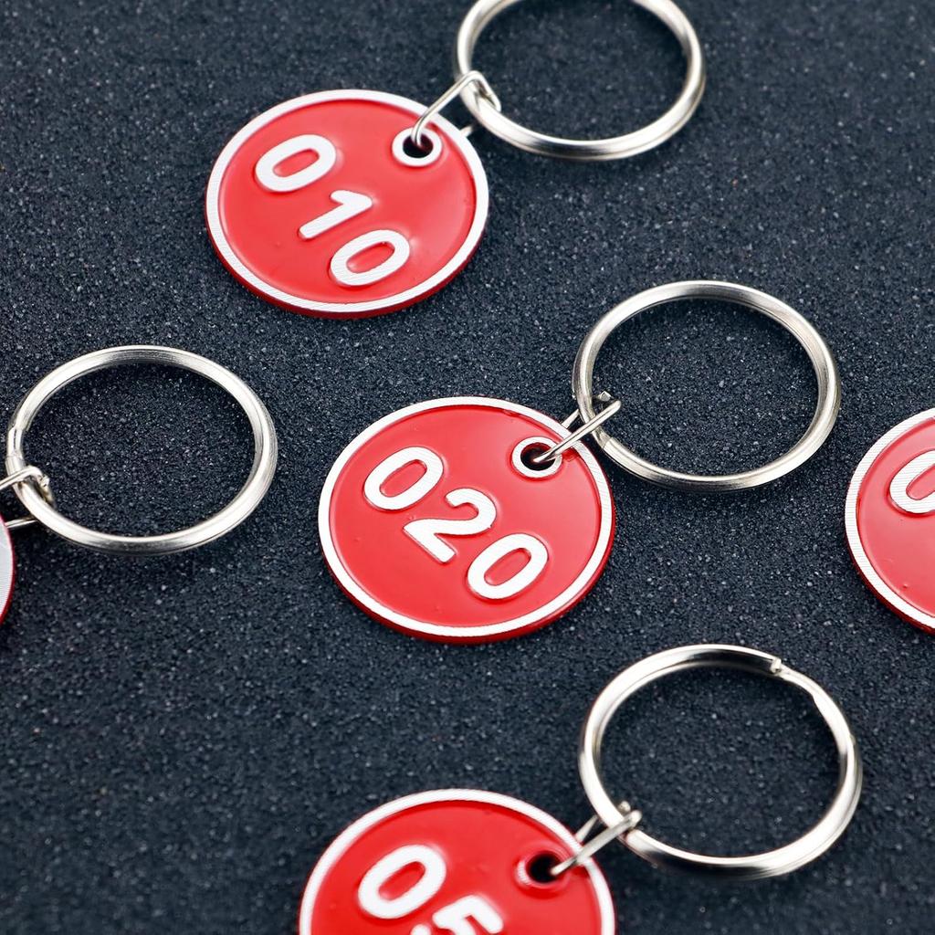 1-100 Numbered Key Tags, Round Metal Tags, Key Chain Labels, Key Tags for Home, Office and Garage, Dorm Keys, House Lockers (Red)