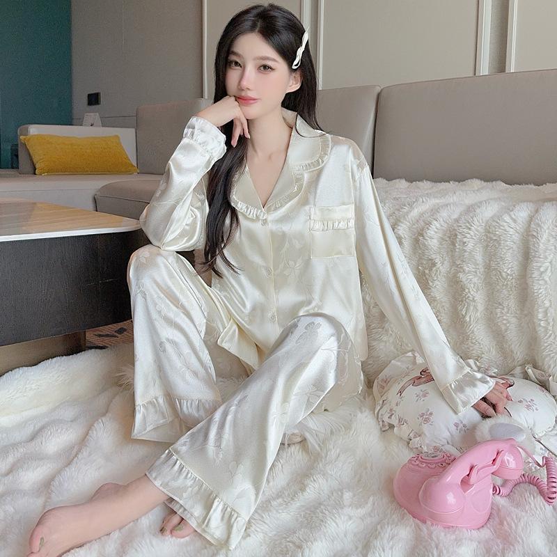 High-End Jacquard Lotus Leaf Edge Design Ice Silk Pajamas Women'S Long-Sleeved Loungewear Two-Piece Set