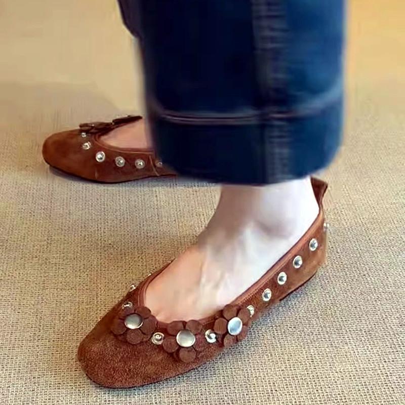 Fashion Brown Metal Button Flower Decoration Ballet Flats Women Faux Suede Design Loafers Elegant Comfortable Mary Jane Shoes for Women