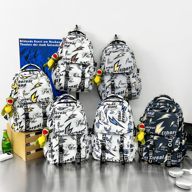 Lightning Print Backpack Large Capacity Graffiti Unisex Schoolbag Junior High School Student Backpack
