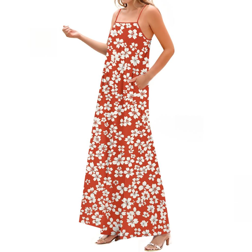 Women's Spring And Summer Casual Fashion Adjustable Suspenders Printed Long Dress