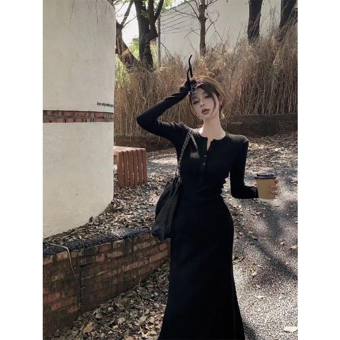 Yellow Waist and Hip Skirt, Sexy Spice Girl Long-sleeved Knitted Dress, Women's Autumn Slim and Thin Fishtail Dress