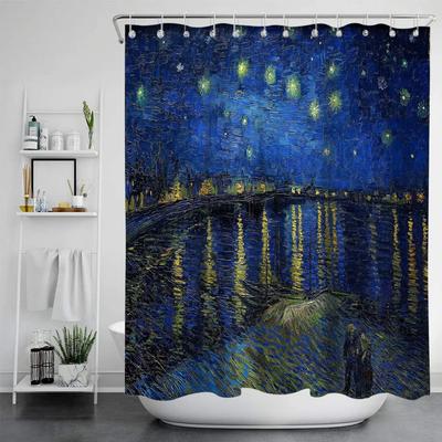 Pintura de Van Gogh Cortina de Chuveiro Impermeável Anti-mofo Sem Furos Estampada Banheiro Toalha Sanitária Divisória de Banho