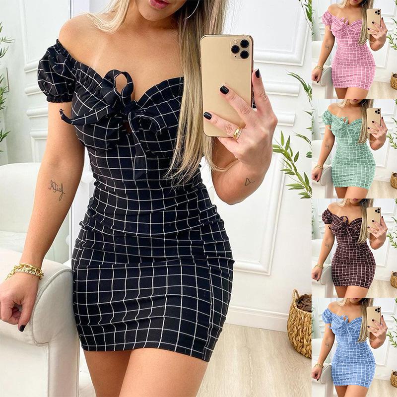 

Spring/Summer Plaid Off-Shoulder Bodycon Mini Dress for Women XL
