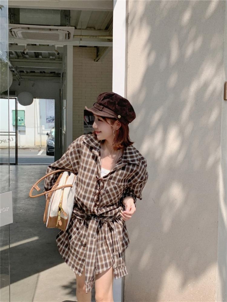 Women's Retro Lattice Long-Sleeve Shirt Set with Straps - New Autumn 2025 Casual Slimming Cardigan