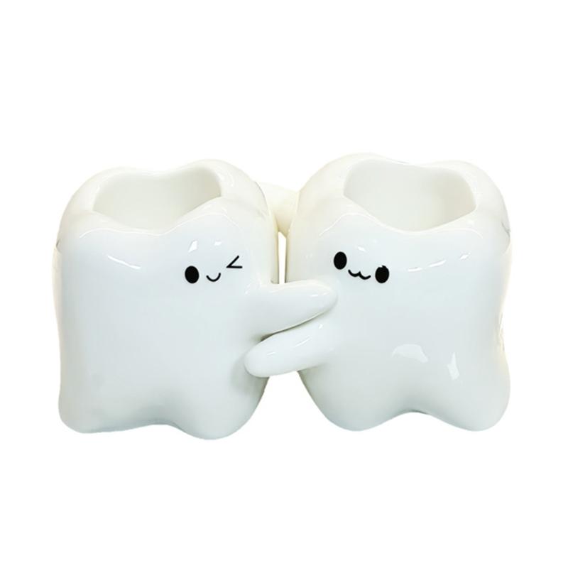 Tooth Shape Ceramic Toothbrush Toothpaste Holder for Home and Bathroom Countertop Tooth Decoration