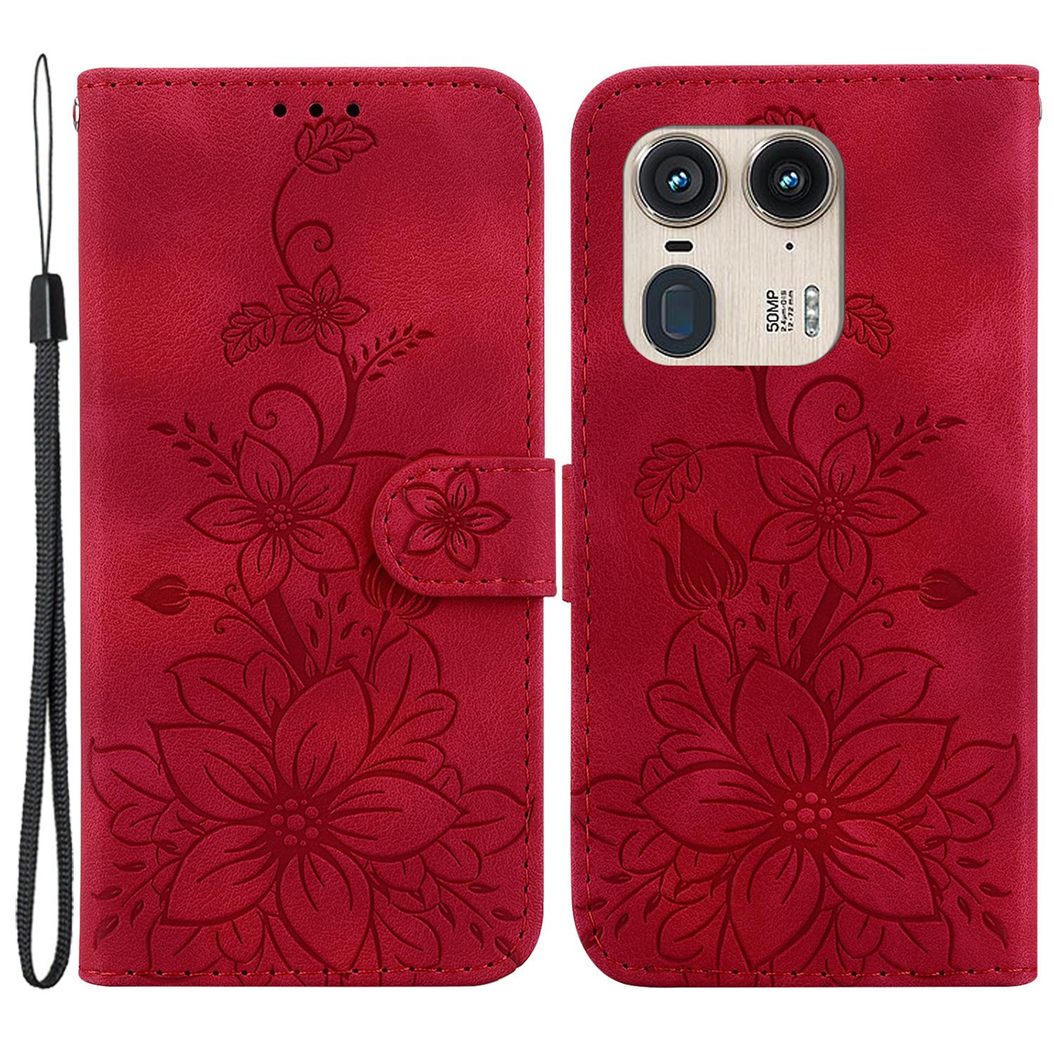 

For Motorola Edge 50 Ultra 5G/Moto X50 Ultra 5G Phone Case PU Leather Wallet Cover Flower Imprinted Red